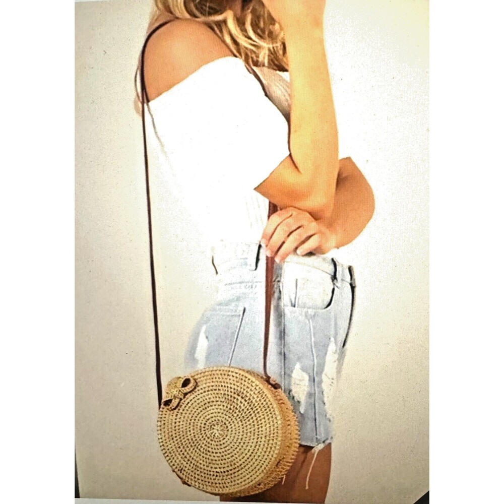 White Round Rattan Crossbody Bag 8" Hand Woven Wicker Purse Leather Straps - NEW